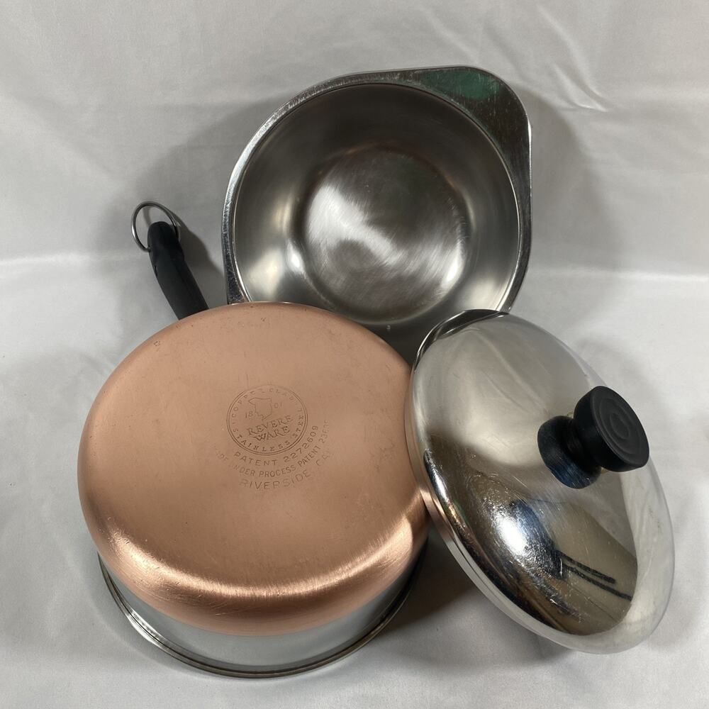 Revere Ware Copper Bottom 2 Qt Saucepan Double Boiler & Lid Stainless Pre 1968